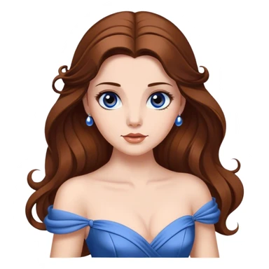 Cinematic Elegant Belle Portrait Emoji, rendered in a realistic, vector-style with minimal shading and bold, simplified shapes. Depict Belle (chest and above) with fair, luminous skin, deep brown expressive eyes, and long, flowing chestnut hair styled elegantly, wearing her classic blue ball gown. The image glows with a soft, warm radiance and high shine, capturing timeless refined beauty. sticker