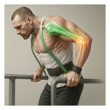 A man performing a dip exercise with the shoulder-arm-elbow block colored in intense green, featuring a transparency effect showing healthy and well-lubricated joints. Hyper-realistic style with anatomical details, clinical atmosphere, and neutral background. sticker
