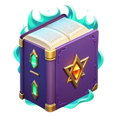 Clash of Clans aesthetic: Cinematic Playful 3D Isometric Spell Book Emoji, rendered in a 3D vector-style similar to standard emojis with minimal shading and bold, simplified shapes. A compact, distinct form with signature details, softly glowing with a fantasy RPG magic charm. Simplified yet unmistakably iconic, highly detailed and consistent, glowing with a soft radiance and high shine. Stylized with a touch of heroic grandeur and a soft glowing outline, capturing the essence of a beloved gaming relic with a friendly, playful manner! sticker