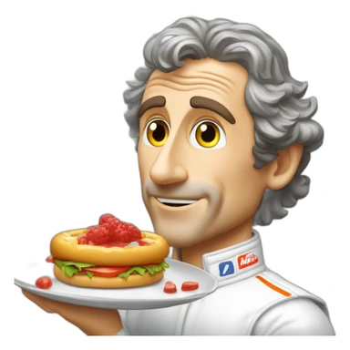 Alain Prost eating a rube sticker