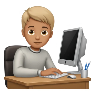 boy sitting at a desk with a computer sticker