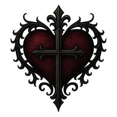 gothic style heart with a cross, black and deep red colors, gothic aesthetic, transparent background sticker