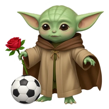 baby yoda kicking a soccer ball with small roses beside him sticker
