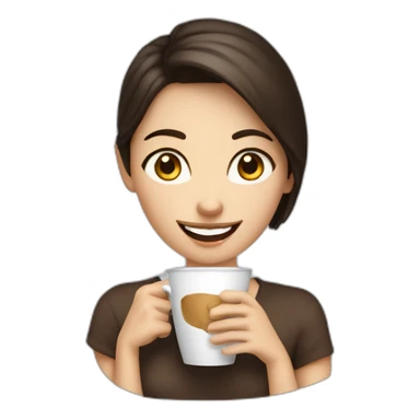 white young brunet woman with italian appearance with face visible nervous smile and eyes wide open holding a gigantic cup of coffee sticker