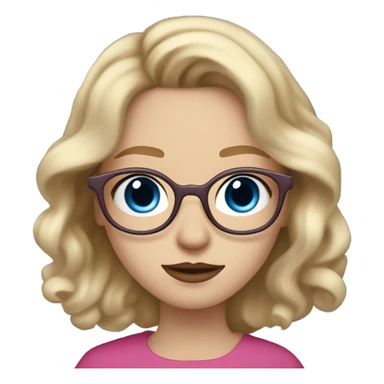 young woman with pale skin, blushed cheeks, big BLUE eyes, brown round glasses, thin lips, long wild blond wavy hair. The yes are blue and lips are dark pink sticker
