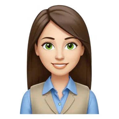 43 year old Adult woman avatar, light skin tone, long, oval face, long straight ashy brown hair, green almond-shaped eyes with dramatic eyelashes and minimal eyeliner, neutral mouth, medium straight eyebrows, average nose, smooth skin,  white collared button down shirt, blue vest sticker
