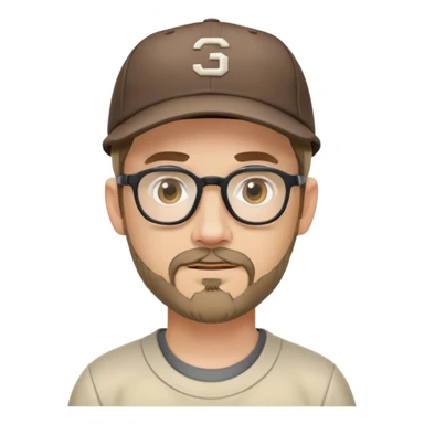 adventurer with goatee beard (no beard on cheeks), short hair, glasses and backwards baseball cap sticker