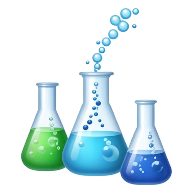 An icon featuring laboratory flasks with tubes, symbolizing chemistry. The design includes liquid and powder substances, a chemical reaction with bubbles, and molecular formulas, representing chemical processes like hydrolysis. Transparent background sticker