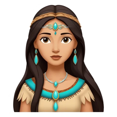 Cinematic Elegant Pocahontas Portrait Emoji, rendered in a realistic, vector-style with minimal shading and bold, simplified shapes. Depict Pocahontas (chest and above) with warm, sun-kissed skin, long, flowing dark hair, and gentle, wise eyes, wearing traditional attire in earthy tones with hints of turquoise. The image glows with a soft, natural radiance and high shine, embodying timeless indigenous beauty. sticker