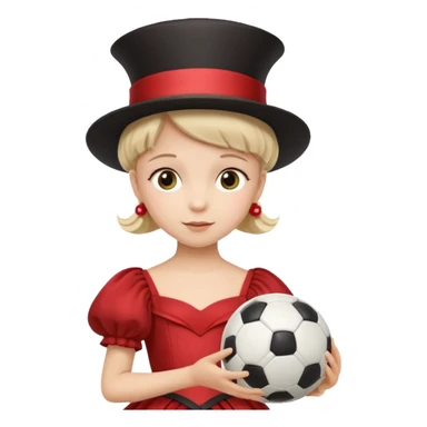 a child in a theatrical hat with a soccer ball in his hands and in a ball gown sticker