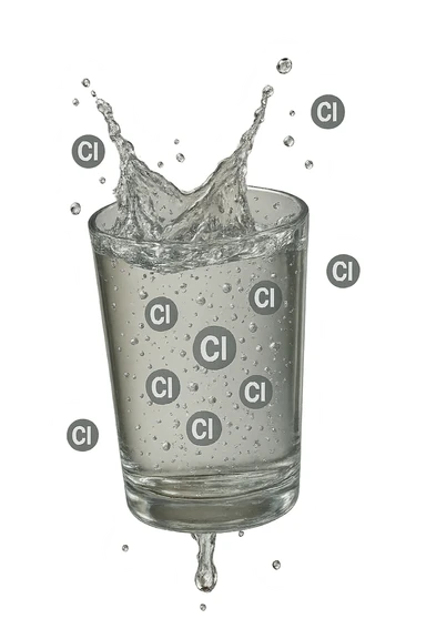 un bicchiere di acqua cade verticalmente dall'alto realistico e dettagliato, dentro l'acqua del bicchiere ci sono particelle di cloro ben visibili con la scritta "Cl" sopra, ci sono particelle anche che escono dal bicchiere e fluttuano in aria verticalmente, mentre alcune sono all'interno dell'acqua nel bicchiere, iperrealistico 4k sticker