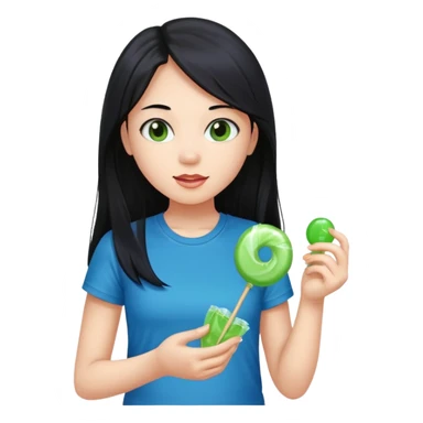 A girl with long black hair wearing a blue t-shirt holding a piece of green hard candy in one hand and a green candy wrapper showing a guava on it in the other hand sticker
