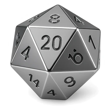 faceted polyhedral die d20 emoji in shiny futuristic alloy finish, crisp edges, cohesive metallic aesthetic sticker