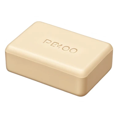 rectangular pale beige soap bar with slightly rounded edges, matte chalky surface, dense and firm, subtle top ridges or embossed mark, no packaging, no bubbles, no cloth, soft lighting, subtle shadows, emoji scale sticker