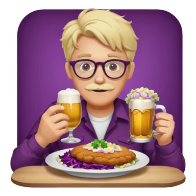 Man with wire framed glasses german eating schnitzel, red cabbage, sauerkraut, potato salad, and beer. Man is blonde and no mustache sticker