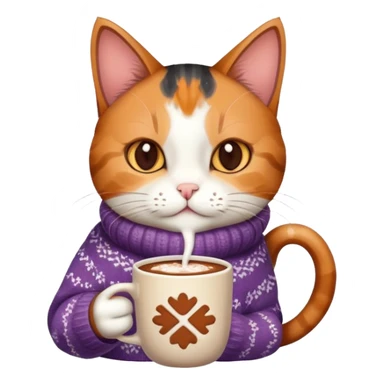 Cat￼ wearing a sweater with hot chocolate ￼ sticker