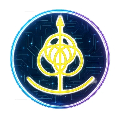 Re-imagine this specific icon in a cyberpunk, holographic style with glowing neon blue and pink edges, circuit patterns throughout the entire icon, and a transparent background. Maintain the recognizable circular shape and yellow geometric symbol, overlaying neon and circuit effects in the same futuristic, clean style as previous cyberpunk icons. The whole icon should have a consistent cyberpunk glow and intricate circuit details. sticker