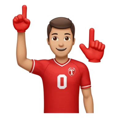 A cheerful man in a team jersey, waving a giant red foam finger high with an excited grin. sticker