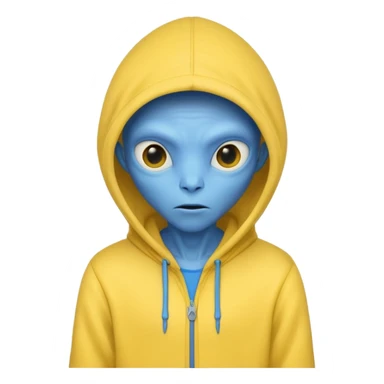generate a blue alien wearing a yellow hoodie sticker