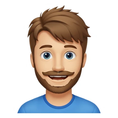 25 year old man, short scruffy beard and sparse moustache, brown puffy mullet, blue eyes, big smile, white teeth, big lips, pronounced jaw, hair longer in back, sticking up on top sticker