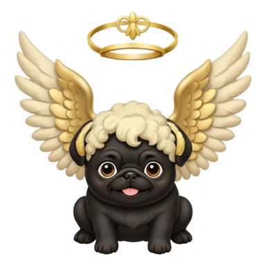 Black pug with big fluffy cream colored angel wings with gold dust on them sticker