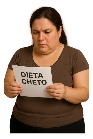 donna realistica leggermente in sovrappeso che legge un foglio con la scritta "dieta Cheto", sfondo bianco, iperrealistica 4k, IPERREALISTICA 4K sticker