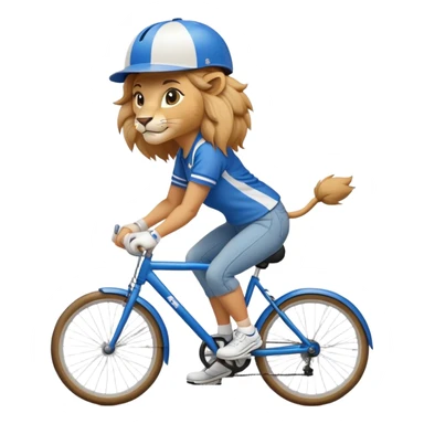 friendly anthropomorphised female lion wearing a baseball shirt, jeans, trainers, and a cycling helmet, cycling a bike sticker