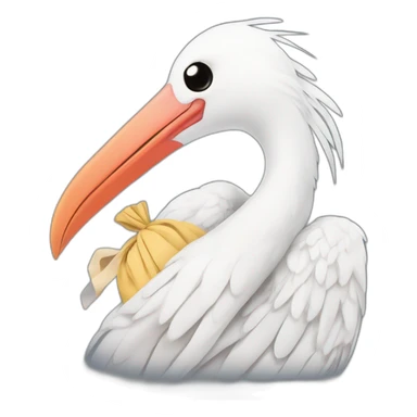  A big white stork carrying a bundle of cloth in its beak that has a cute white skinned baby face peeking out from it with black head sticker