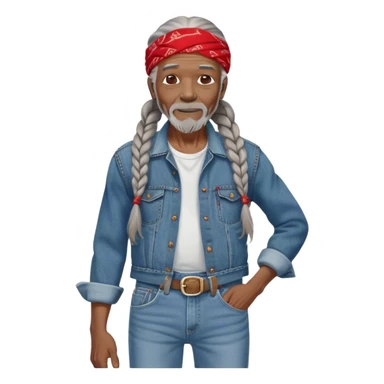 90 year old black man with long braided gray hair, dressed in 501 Levi's dinum jeans with red bandana hanging out his back pocket  sticker