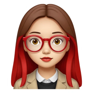 20 yr old asian woman, straight thick long brown hair, middle part, big red glasses, brown eyes sticker