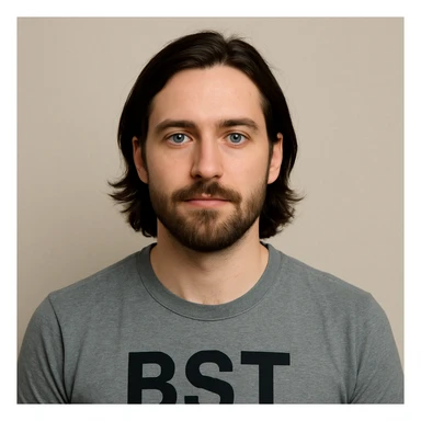 30-year-old Caucasian male avatar, white skin, dark longish hair, blue eyes, upper torso only, shirt has 'BST' written on it sticker