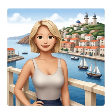 jennifer lawrence, leaning on a balcony with a harbor and cityscape in the background, smiling, closeup sticker