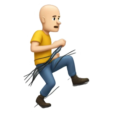 A white man with no hair climbing a mountain in a storm with internet cables in his hand sticker