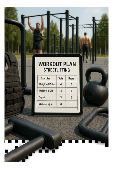a detailed workout plan for streetlifting displayed on a clipboard or digital tablet, surrounded by gym equipment like weighted vests, dip bars, pull-up bars, and kettlebells. The plan includes exercises such as weighted pull-ups, weighted dips, squats, and muscle-ups, with sets and reps clearly visible. The background is a modern outdoor calisthenics park, with athletes training in the distance. sticker