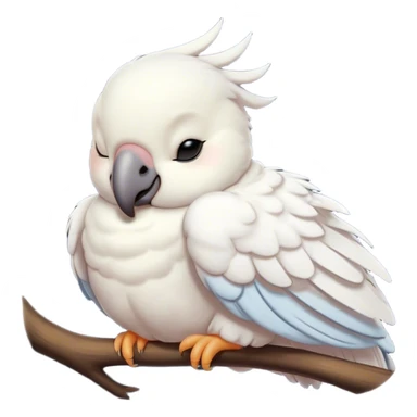 Meme-Worthy Cute Sleeping Cockatoo Portrait Emoji, Head resting peacefully with a contented smile, showcasing a softly feathered body with a gently drooping crest and eyes closed in serene slumber, Simplified yet adorably endearing features, highly detailed, glowing with a soft, drowsy tropical light, high shine, relaxed and utterly lovable, stylized with an air of playful laziness, soft glowing outline, capturing the essence of a sleeping cockatoo that feels destined to become the next viral icon of adorable rest! sticker