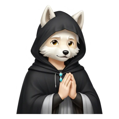 white wolf praying with black hooded cloak sticker