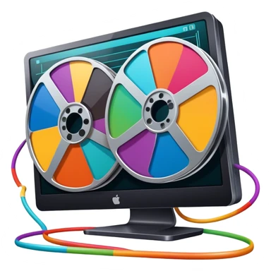 Create a vibrant and modern icon representing Animation and Motion Design, featuring elements like a film reel, a computer screen, and dynamic motion lines. The design should be visually engaging, colorful, and dynamic, without any emojis. The background must be transparent. sticker