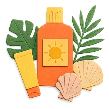 group of sunscreen bottles, shells, and tropical leaves, layered paper effect, paper-craft style sticker