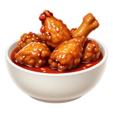 Korean Fried Chicken Cinematic Realistic Korean Fried Chicken Dish Emoji, depicted as bite-sized chicken chunks generously coated in a glossy, spicy sauce, in a bowl. sticker