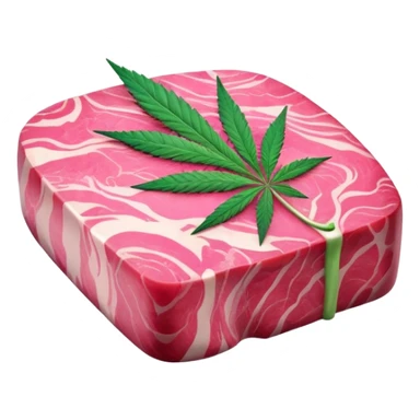 Pink marbled wagyu beef steak with cannabis leaf garnish sticker