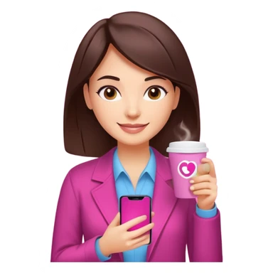 Social media manager. She has dark brown hair, brown eyes, a friendly smile. She is holding a smartphone and a coffee cup. Include subtle marketing elements like small icons of hashtags or a speech bubble, instagram logo. Use vibrant colors with a focus on pink and fuchsia tones. sticker