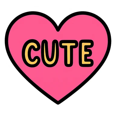 pink heart with the word CUTE in handwritten text, color outline icon style sticker