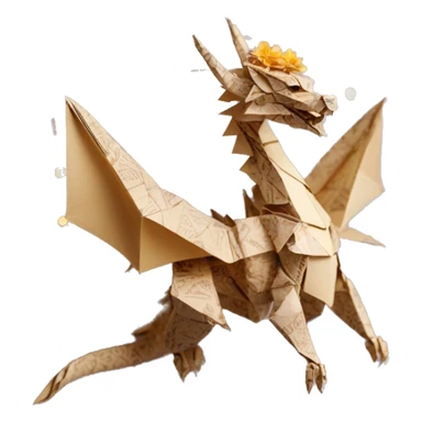 Sparkling patterned Beige Origami dragon with a dried flower crown made of newspapers intricate patterns surrounded by fairy lights sticker