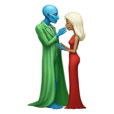 Beatiful tall blue skin woman extraterrestial reptilian 47 years old in red dress, kissing white man in green dress, full figure, full body sticker