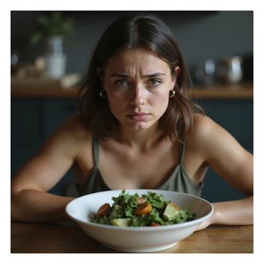 sad woman eating salad, sad expression, hyperrealism 4K, variation 10 sticker