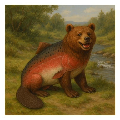 A bear with a salmon body and a beaver tail, smiling sticker