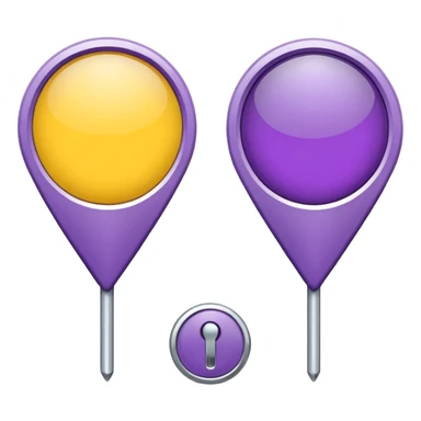 simple, minimalistic yellow (hex#FFD008) and purple (hex#8C52FF) icons of a pin location (round top and sharp bottom) sticker