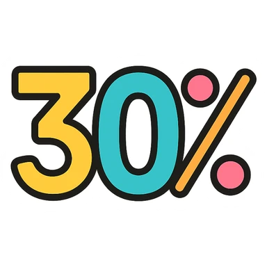 the number 30% in a colorful outlined icon style, playful and eye-catching, white background sticker