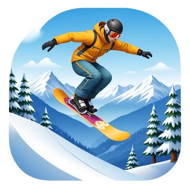 An icon showing a snowboarder performing an exciting jump on a snow-covered slope. The background features towering mountains, snow-covered trees, and a bright, clear sky. Transparent background highlights the speed, agility, and thrill of snowboarding. sticker