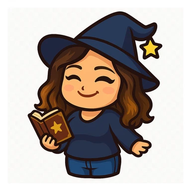Sticker style chibi emote, matching the attached green heart emote as a base, but with a slightly skinnier body and a bigger chest. Woman from reference, navy blue sweater and blue jeans, wearing a wizard hat and holding a magic book, cute magical face, no headband, no wand, transparent background. Top color should not match jeans. sticker